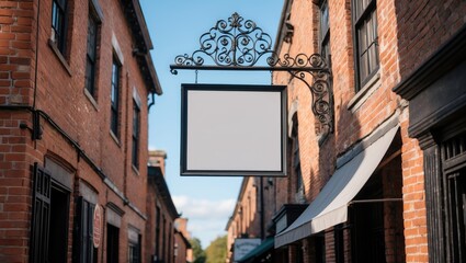 Brick building square signboard mockup. Board for showcasing name or logo. Outdoor advertising display. High-resolution photo.