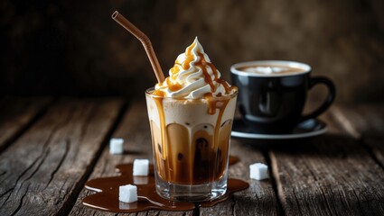 Cup of black coffee with iced coffee featuring whipped cream and caramel sauce on a wooden table.