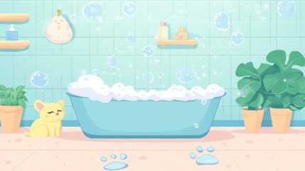 Naklejka premium Pet bath time in a cozy bathroom with soap bubbles and cute paw prints