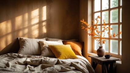 Obraz premium This Photograph of Our Bedroom Captures a Fusion of Earthy Hues and Natural Textures, Resulting in a Comfortable Space Decorated with Warm Tones of Autumn.
