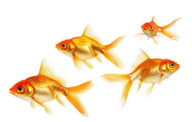 Naklejka premium Several vibrant goldfish are swimming in a clear aquarium, showcasing their bright orange and gold colors in natural daylight. The water is clear, revealing a lively underwater environment.