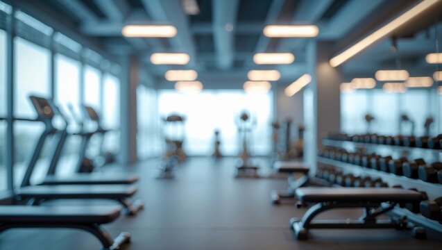Blurred background of a gym with dumbbells, fitness center for personal weight training, health club featuring indistinct sports exercise equipment for classes