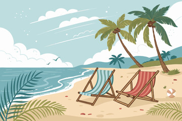Obraz premium Illustration of a tropical beach with palm trees chairs and ocean view on a sunny day scene for vacation 100