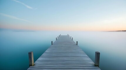 Obraz premium Tranquil wooden pier extending into calm misty water