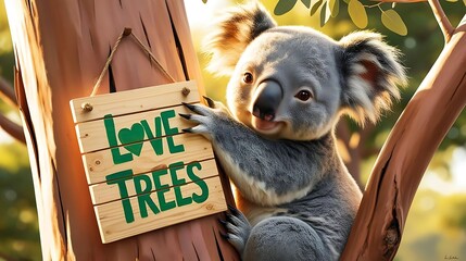 Cute cartoon koala hugging tree with “Love Trees” sig