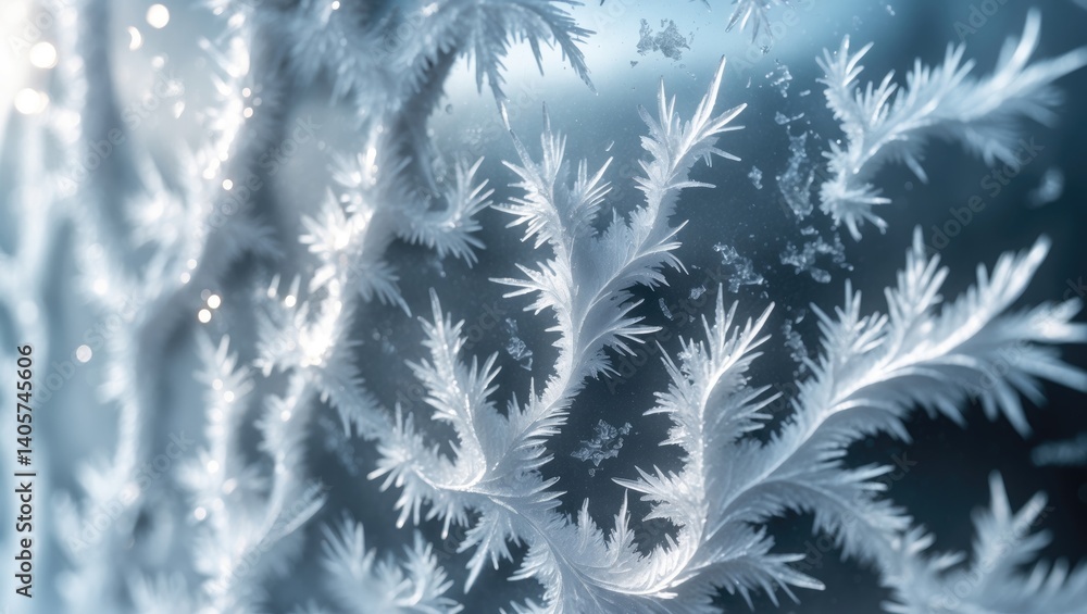 Poster frosted window glass adorned with ice flowers. complex fractal patterns formed by window frost.