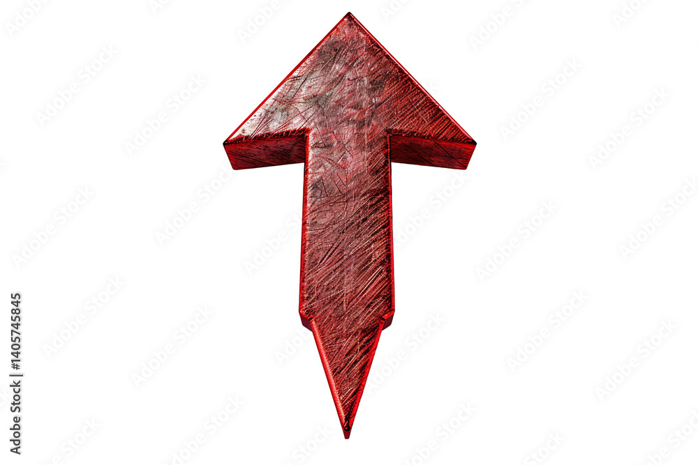 Poster textured red arrow pointing upwards on transparent background, with rough surface and sharp edges, c