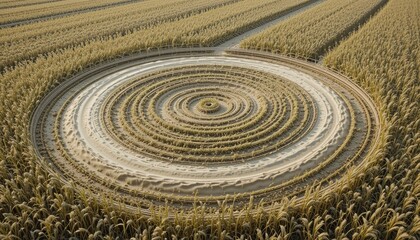 Exploring circular crop patterns agricultural field aerial view nature artistic landscape dynamic geometric design