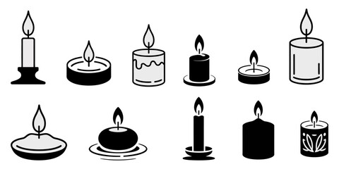 set of Candle silhouette vector illustration, Candles icon set, A romantic candle set silhouette,line art vector icon illustration on white background, Vector set of black silhouette of flowing.