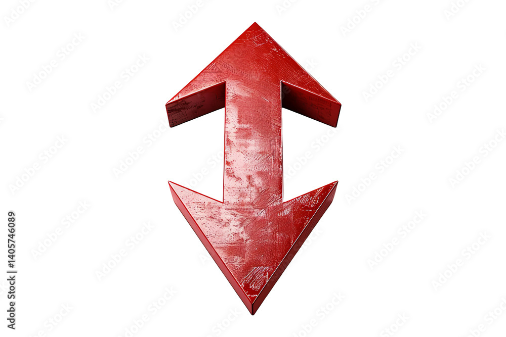 Poster red arrow up and down, showing vertical movement or change. metallic texture with lighting and scrat