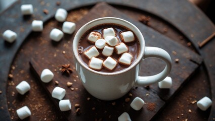 Warm cocoa chocolate cup featuring hot drink and white marshmallows on wooden surface cozy setting, cacao in mug on brown rustic table, holiday caf&Atilde;&copy; atmosphere, above top view, space for text