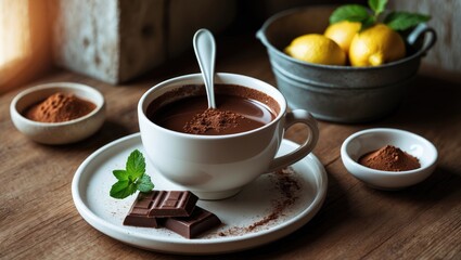 Ceramic white mug with hot chocolate, accompanied by chocolate chunks and powder in a bowl on a wooden surface.