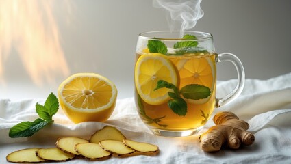 Glass of hot tea infused with mint, lemon, and ginger