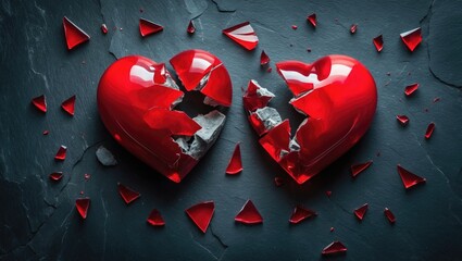 Shattered Red Glass Heart on Frigid Stone Ground - Relationship Difficulties Theme