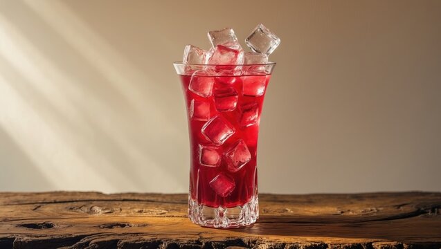 Hibiscus iced tea placed on wooden table with a neutral background