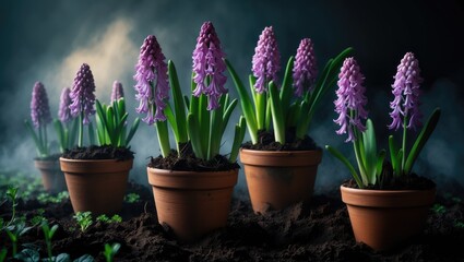 Naklejka premium Potted Hyacinths: Flower Transplantation