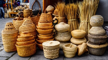 Traditional Handmade Woven Baskets Displayed in a Market Setting, Showcasing Craftsmanship and Material Variety
