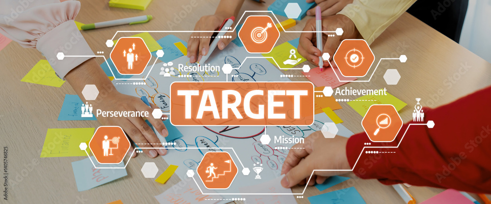 Poster a dynamic team collaborates around a table filled with colorful notes and diagrams, focusing on targ