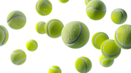 Multiple yellow tennis balls hover against transparent background, creating a captivating and dynamic arrangement