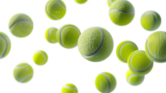 Multiple yellow tennis balls hover against transparent background, creating a captivating and dynamic arrangement