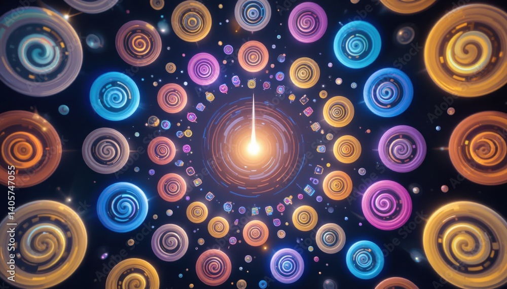 Poster dynamic spiral patterns in vibrant colors abstract art digital creation whimsical environment close-