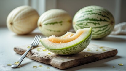 Slices of green net melon or honeydew on a wooden cutting board for nutritious meals.