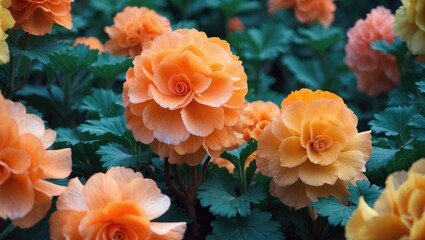 In the flower garden, orange begonias are blooming.