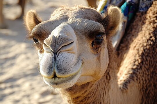 Cheerful Dromedary. Closeup of a Friendly Camel Smiling in a Desert Environment