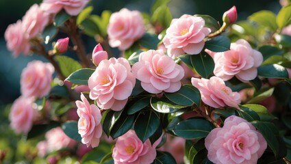 Obraz premium Close-up of Pink Camellia japonica blooms on a bush in the garden.