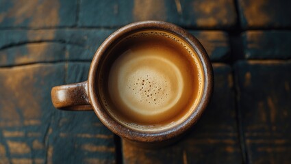 Cocoa drink or hot chocolate in a clay cup, viewed from above on a wooden table.