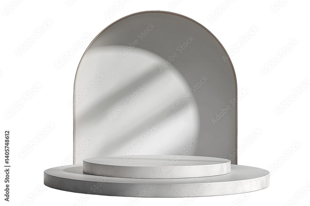 Poster elegant round platform with an arched backdrop, bathed in soft light creating shadow streaks. minima