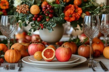 Autumn harvest table setting with pumpkins and vibrant fruit in a cozy dining space