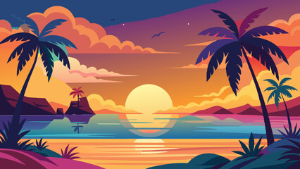 Illustration of a tropical beach landscape with palm trees at sunset and reflection on the water
