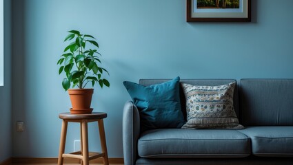 Potted plant on stool, bench alongside bag and cushion by wall