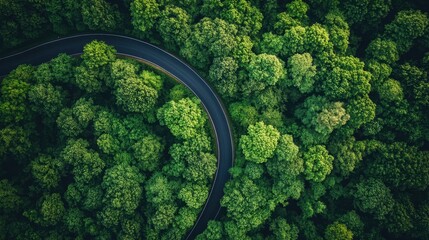 Aerial view of a winding road cutting through a dense, lush green forest canopy. A vibrant, natural landscape