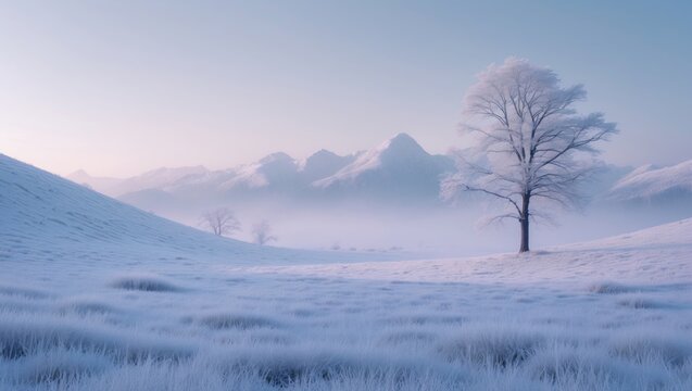 Picturesque winter landscape showcasing icy fields, hazy mountain summits in the distance, and sparse leafless trees.