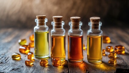 Wide banner featuring five bottles of essential oil and resin