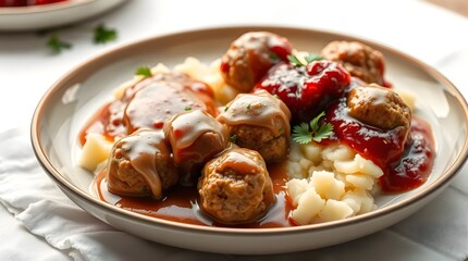 Swedish Meatballs with Gravy, Lingonberry Sauce, and Mashed Potatoes