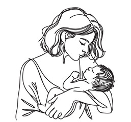 Mom holding a newborn baby. Line art family portrait. Mother want kisses her baby. Vector illustration