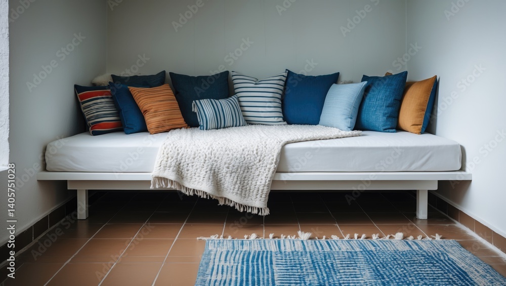 Poster lateral perspective of a couch filled with various pillows and a carpet in front. tidy wall. interio