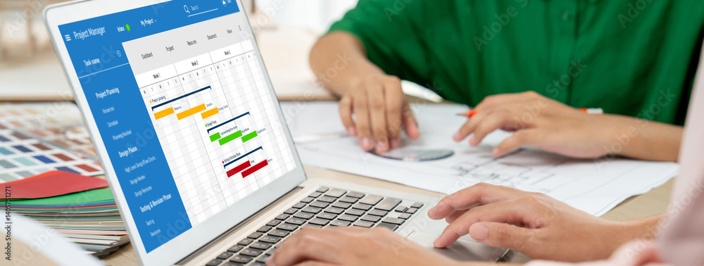 Poster project planning software for brisk business project management on the computer screen showing timel