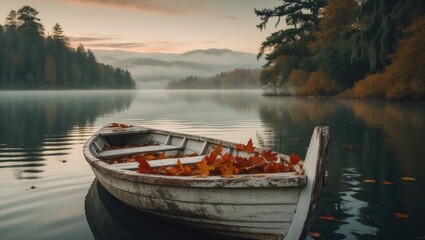 Fototapeta premium Paddle boat on a lake surrounded by autumn leaves