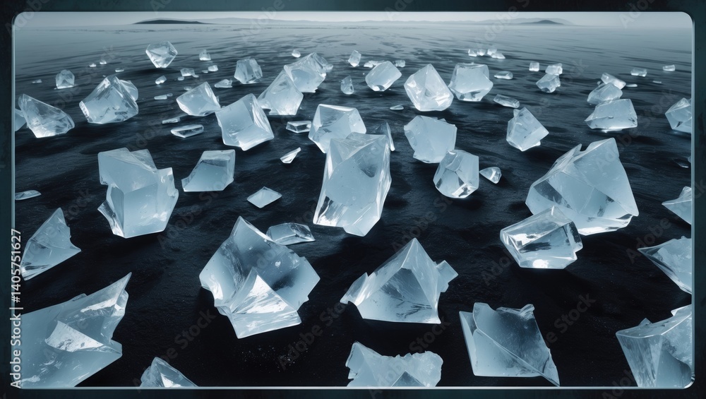 Aufkleber ice cubes smashed on a dark background. refreshing backdrop. bottle-shaped frame border.