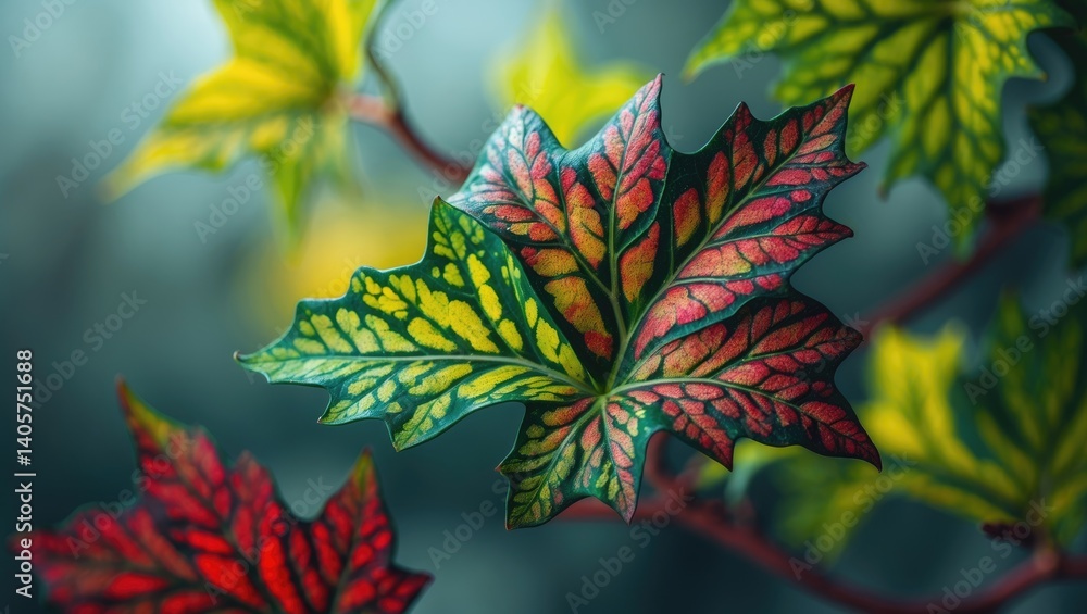 Poster macro perspective of an ivy species with variegated foliage. the intricate vein patterns and hues of