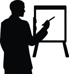 Black and white silhouette of manager writing on board in a modern, bold vector style for business and corporate designs