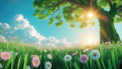 Obraz premium Picturesque field adorned with flowers and grass at the forefront, a tree, bright sky, fluffy clouds, and the sun in the distance