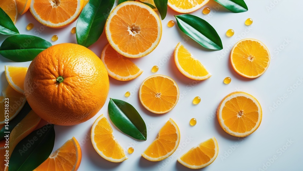Poster top view of an orange with leaves, isolated on background offering copy space for your text. flat la