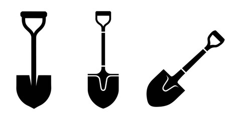 collection of shovel silhouettes, set of black construction tools icons on white background. Vector illustration, A black silhouette set of gardening tools, including shovels, rake, fork.
