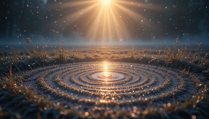 Fototapeta premium Radiant sunlight breaking through mist nature landscape peaceful water ripples tranquil environment close-up viewpoint serene concept for mindfulness