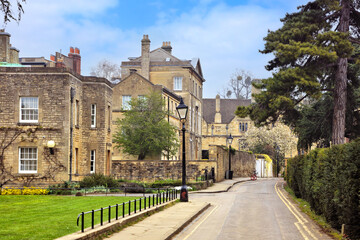 Old streets of Oxford during spring with historic stone buildings, England, UK